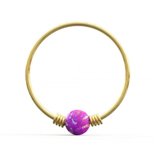 9ct Yellow Gold Spring Coil-End with Opal Stone Hoop Nose Ring - Monster Piercing