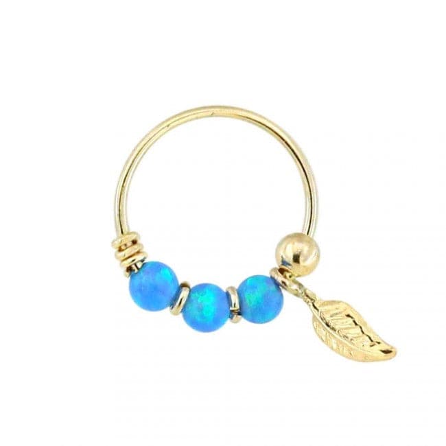 9ct Yellow Gold Opal Stones with Leaf Hoop Nose Ring - Monster Piercing