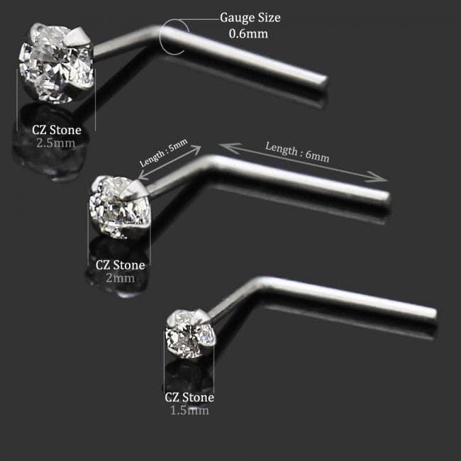 14ct Solid Gold L Bend Cubic Zirconia Nose Stud - Monster Piercing