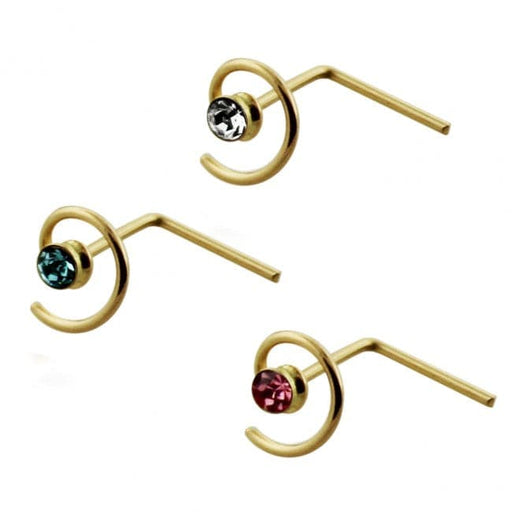 9ct Gold L-Shaped Jeweled Coil Nose Stud - Monster Piercing