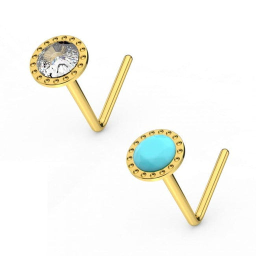 9ct Yellow Gold Jewelled L-Shape Nose Stud - Monster Piercing