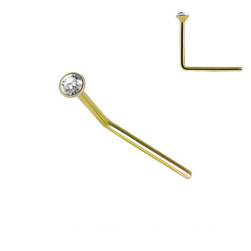 9ct Solid Yellow Gold Round CZ Jeweled L-Shape Nose Stud - Monster Piercing