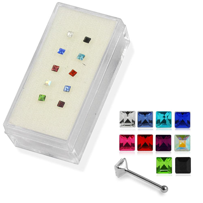 Set of 10pcs Mix 925 Sterling Silver Square CZ Jewelled Ball End Nose stud Box - Monster Piercing