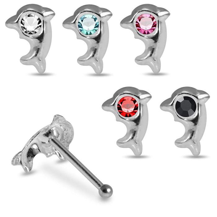 Set of 5pcs Mix 925 Sterling Silver Jewelled Dolphin Ball End Nose stud Box - Monster Piercing