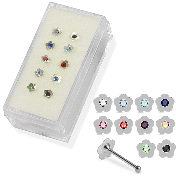 Set of 10pcs Mix 925 Sterling Silver Jewelled Flower Ball End Nose stud Box - Monster Piercing