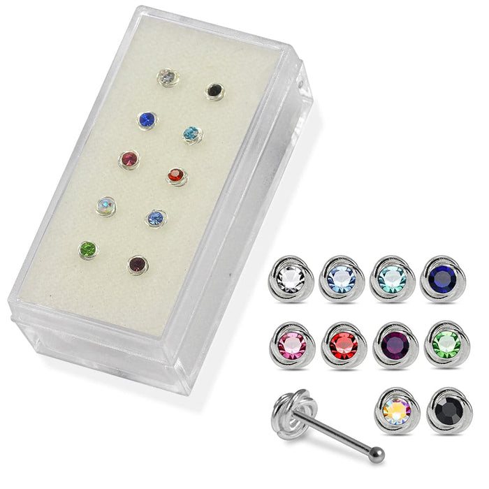 Set of 10pcs Mix 925 Sterling Silver Round CZ Jewelled Ball End Nose stud Box - Monster Piercing