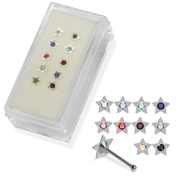 Set of 10pcs Mix 925 Sterling Silver CZ Jewelled Star Ball End Nose stud Box - Monster Piercing