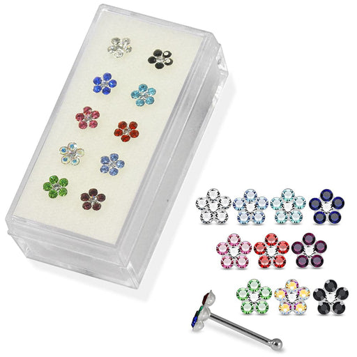 Set of 10pcs  925 Sterling Silver Jewelled Floral Flower Nose Bone Set - Monster Piercing