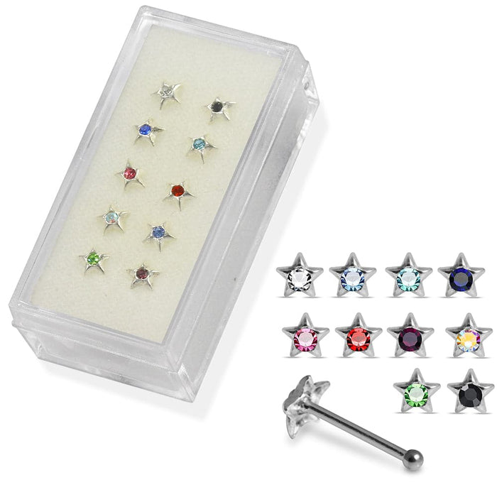 Set of 10pcs  925 Sterling Silver CZ Jewelled in Star Center Nose Bone Set - Monster Piercing