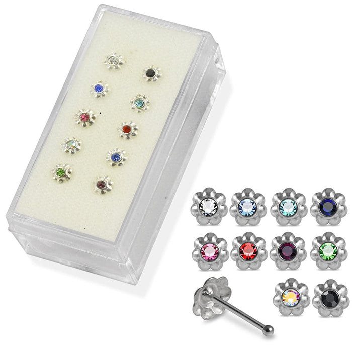 Set of 10pcs  925 Sterling Silver CZ Jewelled Flower Nose Bone Set - Monster Piercing