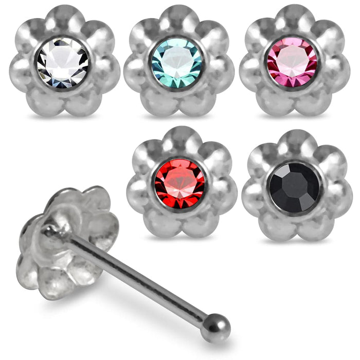 Set of 5pcs Mix 925 Sterling Silver CZ Jewelled Flower Ball End Nose stud Box - Monster Piercing