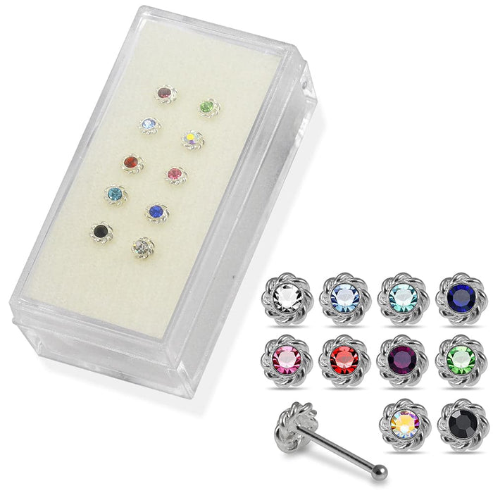 Set of 10pcs Mix 925 Sterling Silver CZ Jewelled Flower  Design Ball End Nose stud Box - Monster Piercing