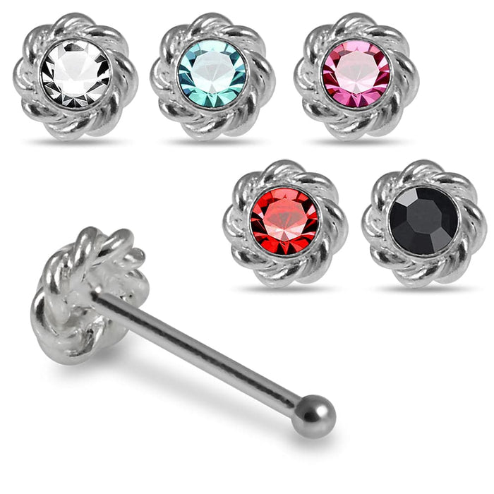 Set of 5pcs Mix 925 Sterling Silver CZ Jewelled Flower  Design Ball End Nose stud Box - Monster Piercing