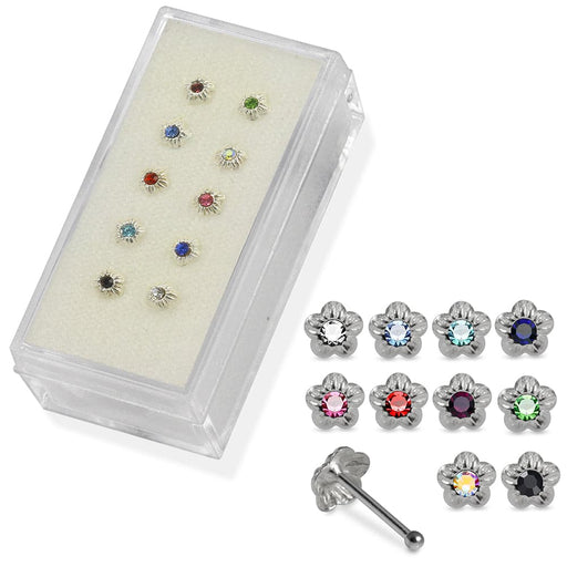 Set of 10pcs  925 Sterling Silver CZ Jewelled in Center Flower Nose Bone Set - Monster Piercing