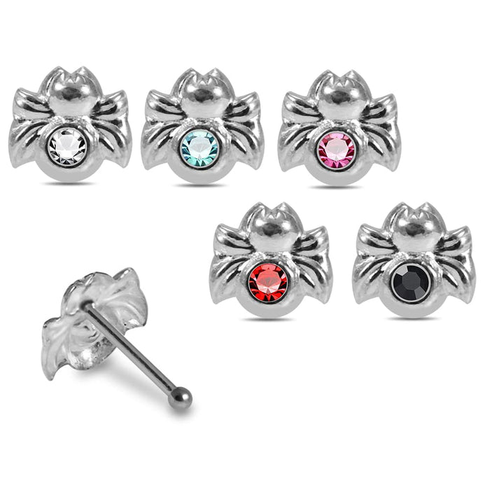 Set of 5pcs Mix 925 Sterling Silver CZ Jewelled Spider  Ball End Nose stud Box - Monster Piercing