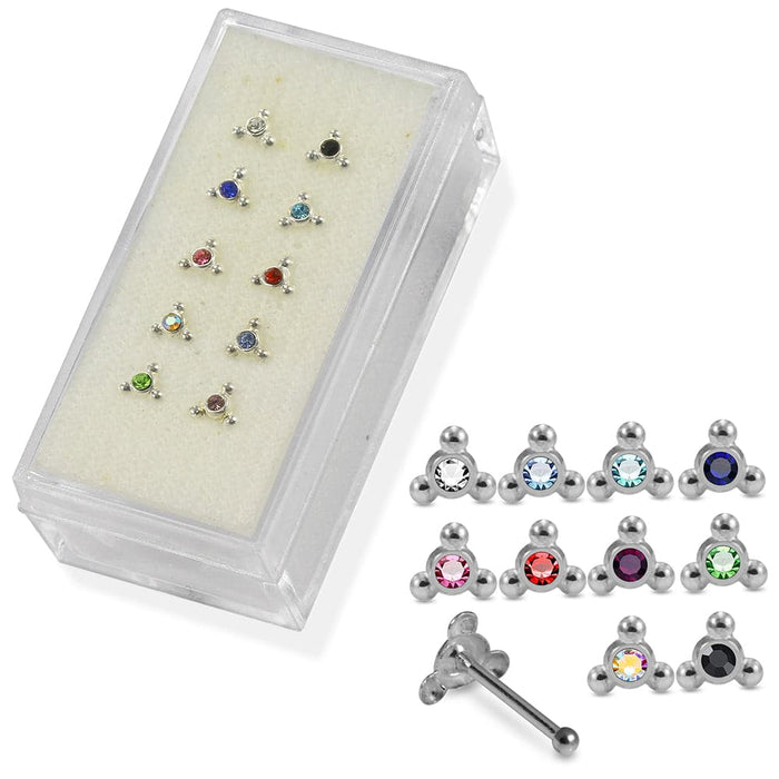 Set of 10pcs Mix 925 Sterling Silver CZ Jewelled Triple Dot  Ball End Nose stud Box - Monster Piercing