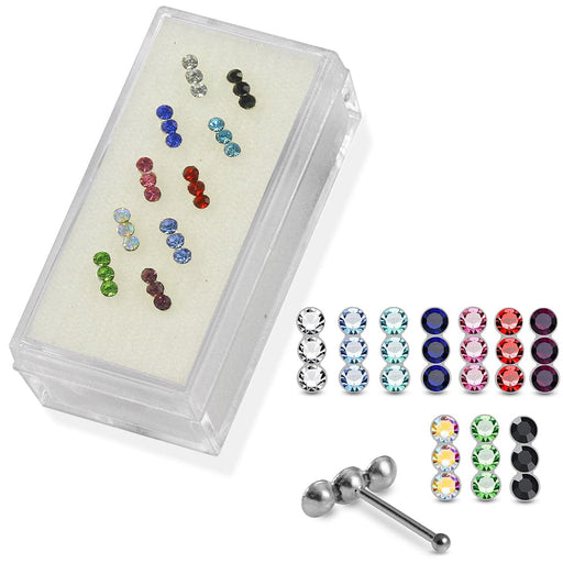 Set of 10pcs Mix 925 Sterling Silver Tri CZ Jewelled Ball End Nose stud Box - Monster Piercing