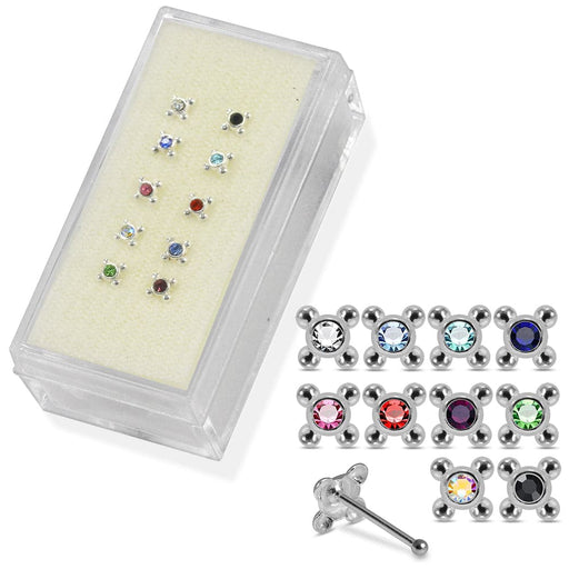 Set of 10pcs Mix 925 Sterling Silver CZ Jewelled 4 Dots Ball End Nose stud Box - Monster Piercing