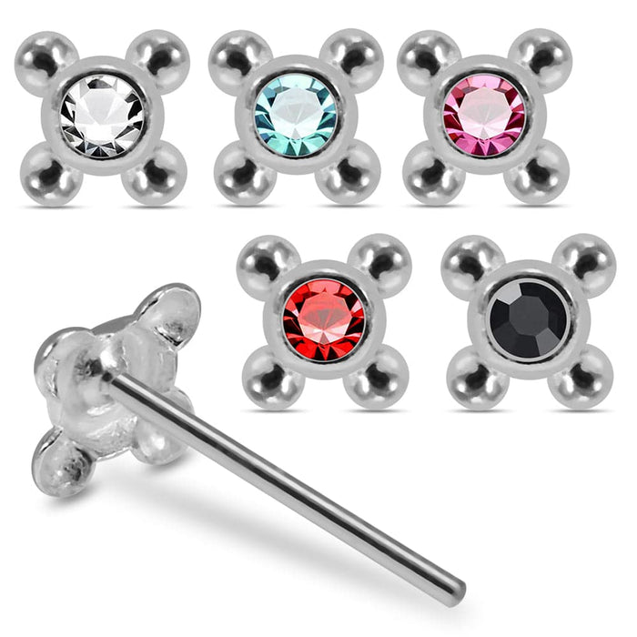 925 Sterling Silver 5pcs CZ Jewelled 4 Dots Straight End Nose Stud Box - Monster Piercing