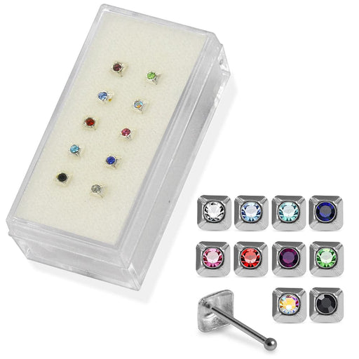 Set of 10pcs Mix 925 Sterling Silver CZ Jewelled Pyramid Ball End Nose stud Box - Monster Piercing