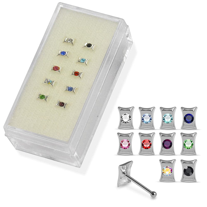 Set of 10pcs Mix 925 Sterling Silver CZ Jewelled Bow Design Ball End Nose stud Box - Monster Piercing