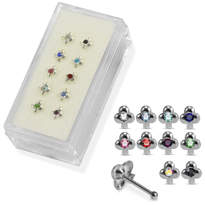 Set of 10pcs  925 Sterling Silver CZ Jewelled Clover Design Nose Bone Set - Monster Piercing