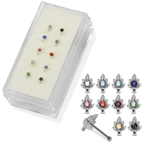 Set of 10pcs Mix 925 Sterling Silver CZ Jewelled Marijuana Leaf Ball End Nose stud Box - Monster Piercing