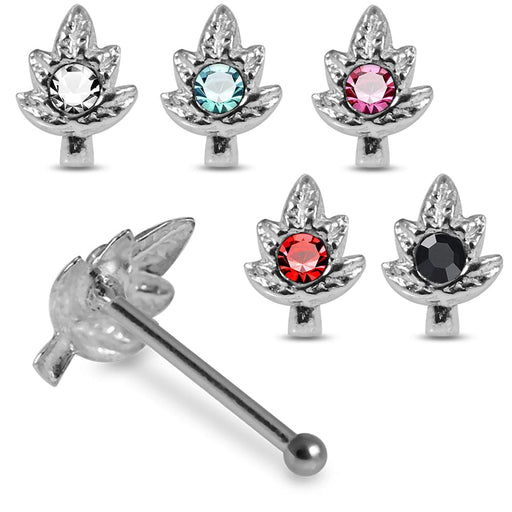 Set of 5pcs Mix 925 Sterling Silver CZ Jewelled Marijuana Leaf Ball End Nose stud Box - Monster Piercing