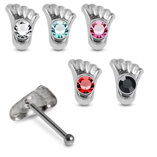 Set of 5pcs Mix 925 Sterling Silver CZ Jewelled Foot Design Ball End Nose stud Box - Monster Piercing