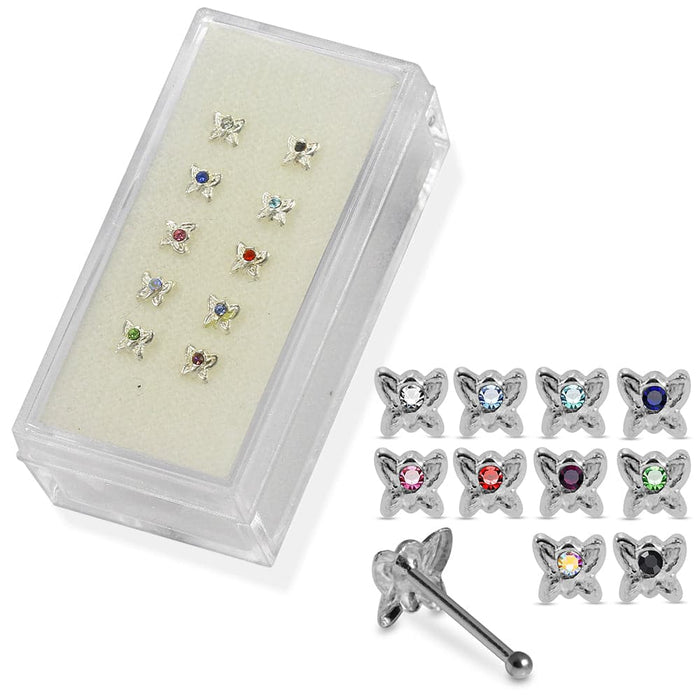 Set of 10pcs  925 Sterling Silver CZ Jewelled Butterfly Nose Bone Set - Monster Piercing