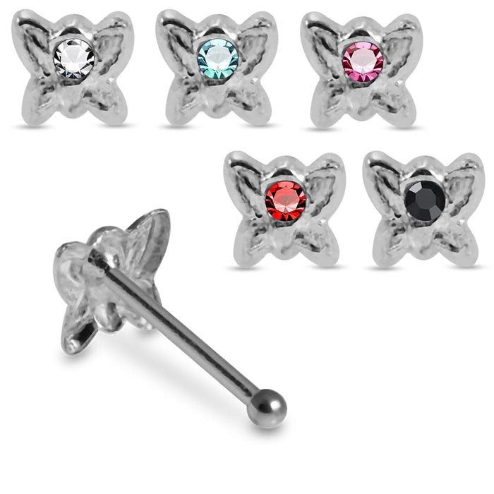 Set of 5pcs Mix 925 Sterling Silver CZ Jewelled Butterfly Ball End Nose stud Box - Monster Piercing