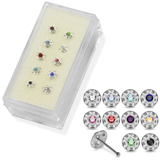 Set of 10pcs  925 Sterling Silver CZ Jewelled Shield Nose Bone Set - Monster Piercing