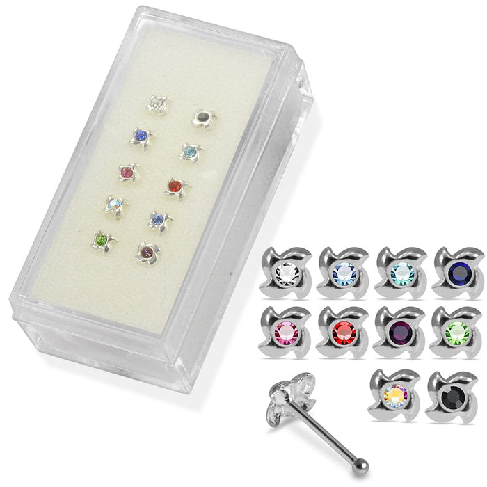 Set of 10pcs Mix 925 Sterling Silver CZ Jewelled Swirl Design Ball End Nose stud Box - Monster Piercing