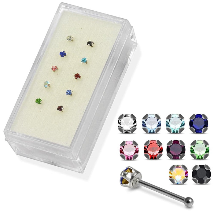 Set of 10pcs Mix 925 Sterling Silver CZ Jewelled Ball End Nose stud Box - Monster Piercing