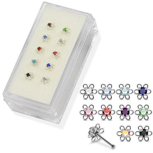 Set of 10pcs  925 Sterling Silver Round CZ Jewelled in center Flower Nose Bone Set - Monster Piercing