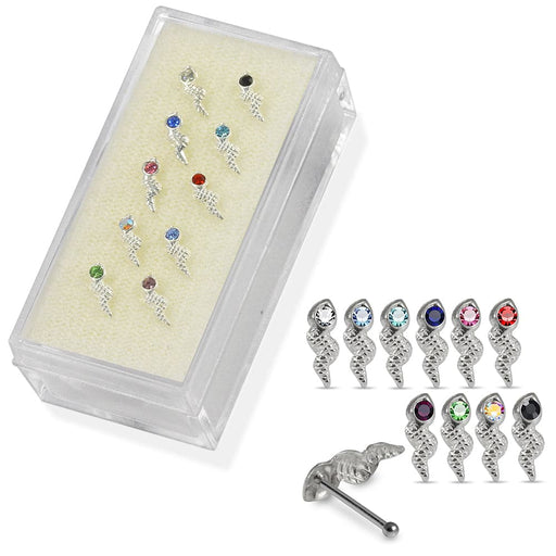 Set of 10pcs Mix 925 Sterling Silver CZ Jewelled Snake  Ball End Nose stud Box - Monster Piercing