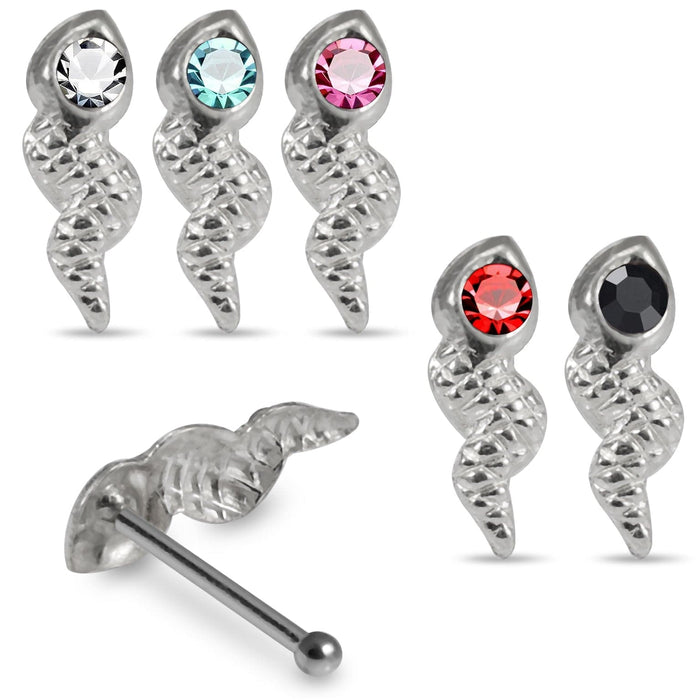 Set of 5pcs Mix 925 Sterling Silver CZ Jewelled Snake  Ball End Nose stud Box - Monster Piercing