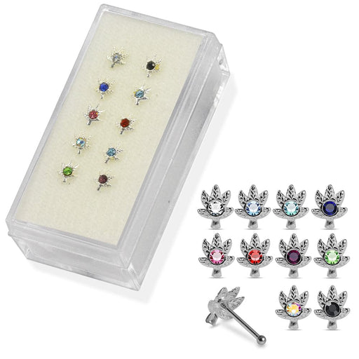 Set of 10pcs  925 Sterling Silver CZ Jewelled Marijuana Nose Bone Set - Monster Piercing