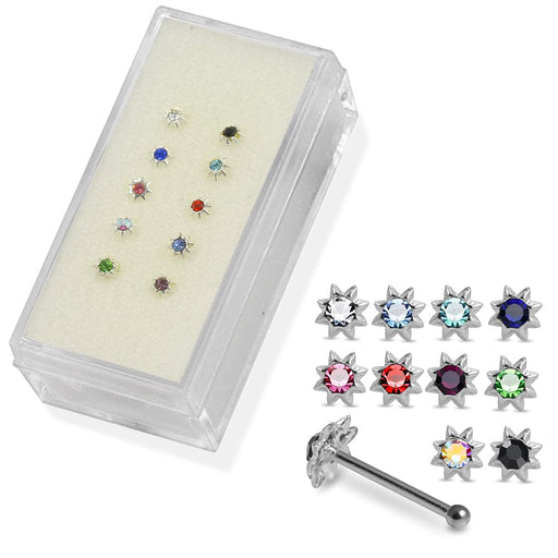 Set of 10pcs  925 Sterling Silver CZ Jewelled Sun Nose Bone Set - Monster Piercing