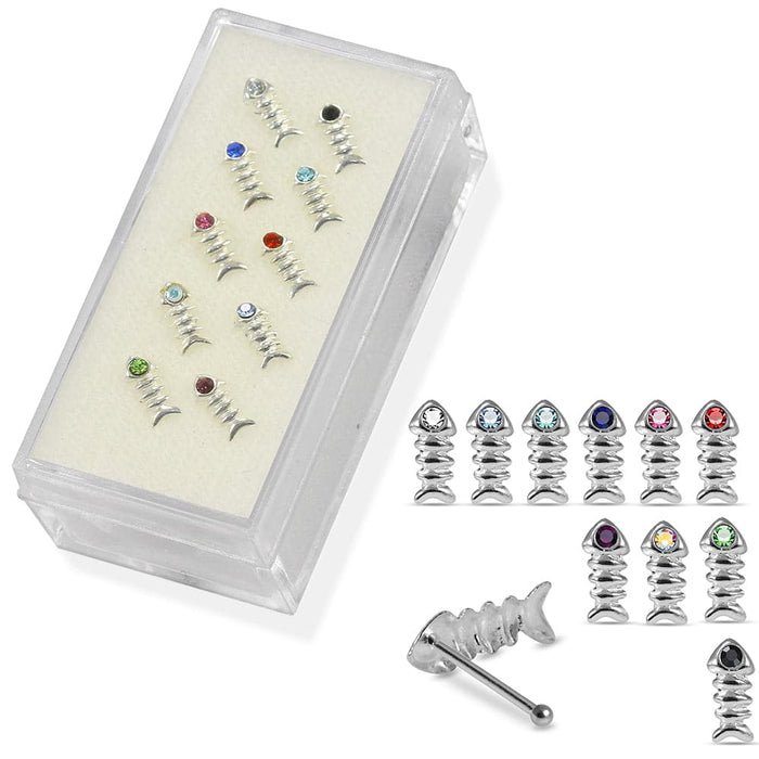 Set of 10pcs  925 Sterling Silver CZ Jewelled Fish Bone  Design Nose Bone Set - Monster Piercing