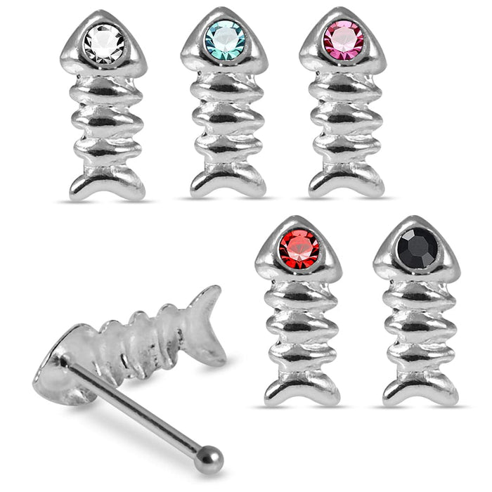 Set of 5pcs Mix 925 Sterling Silver CZ Jewelled Fish Bone  Design Ball End Nose stud Box - Monster Piercing