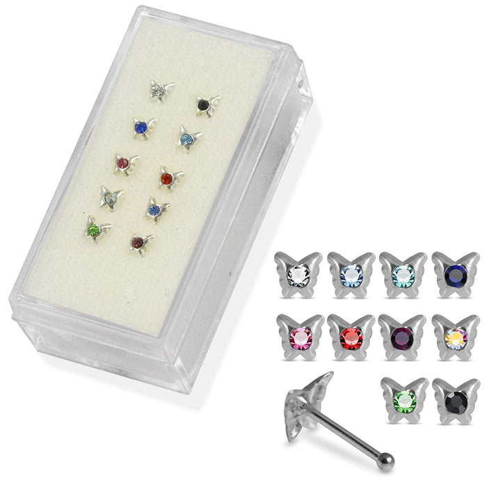 Set of 10pcs  925 Sterling Silver Round CZ Jewelled Butterfly Nose Bone Set - Monster Piercing