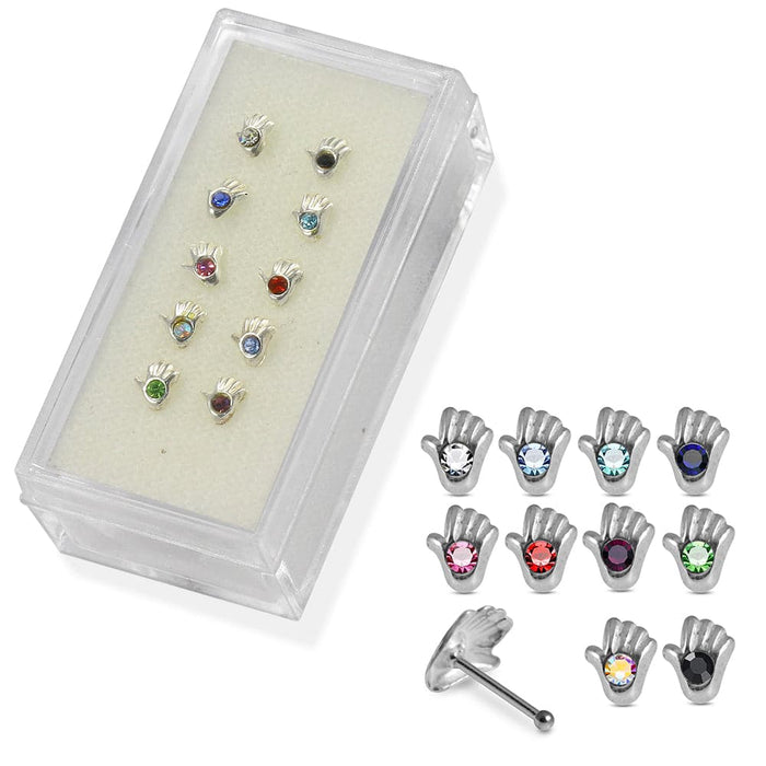 Set of 10pcs  925 Sterling Silver CZ Jewelled Hand   Nose Bone Set - Monster Piercing