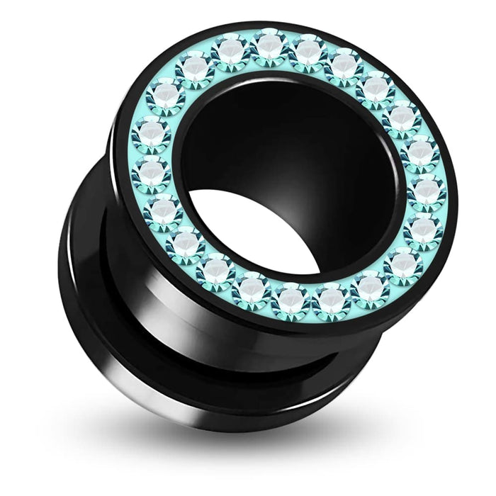 UV  Aqua Colour Jeweled Ear Flesh Tunnel in Glue Setting - Monster Piercing