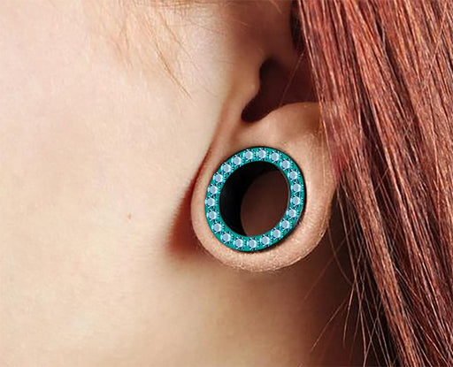 UV  Blue Zircon Colour Jeweled Ear Flesh Tunnel in Glue Setting - Monster Piercing