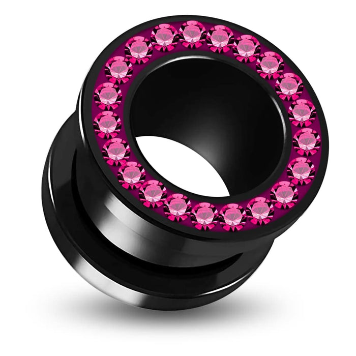 UV  Fuschia Colour Jeweled Ear Flesh Tunnel in Glue Setting - Monster Piercing