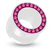 UV  Fuschia Colour Jeweled White Ear Flesh Tunnel in Glue Setting - Monster Piercing