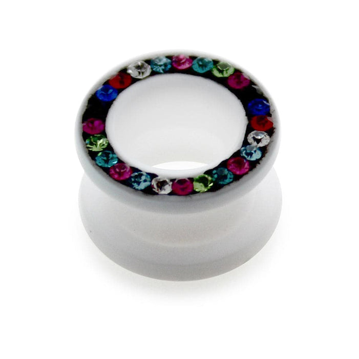 UV Multi Colour Jeweled White Ear Flesh Tunnel in Glue Setting - Monster Piercing