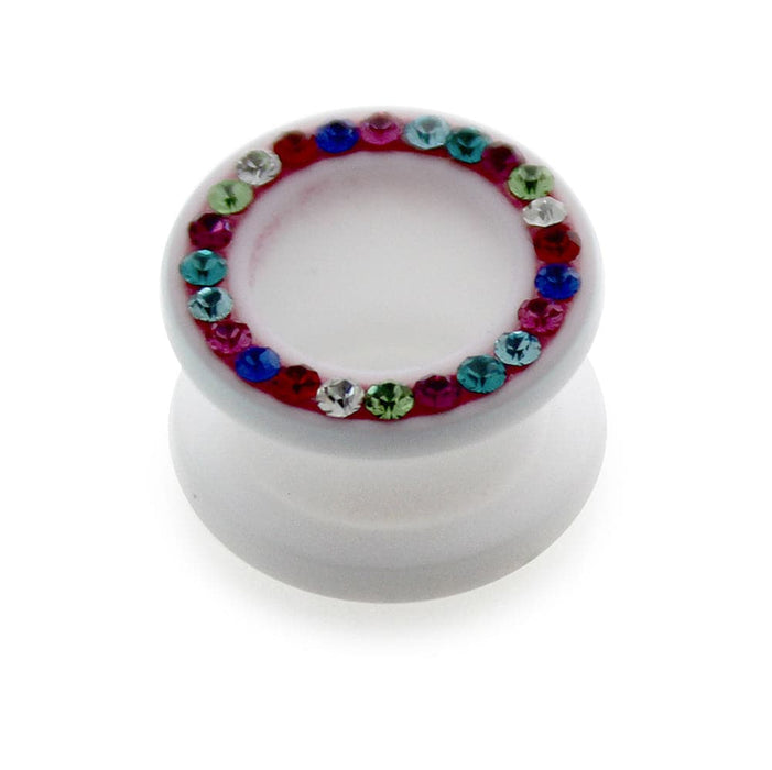 UV Multi Colour Jeweled White Ear Flesh Tunnel in Glue Setting - Monster Piercing