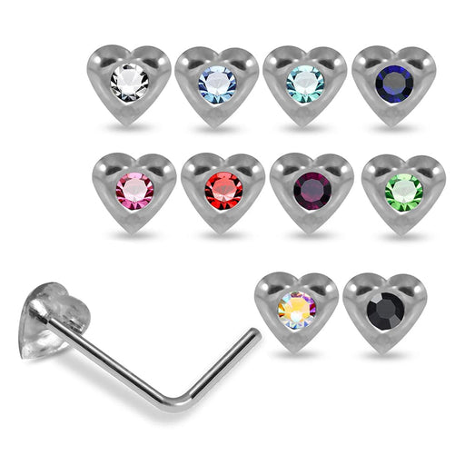 Set of 10pcs 925 Sterling Silver Jewelled Heart L - Bend Nose Stud Box - Monster Piercing